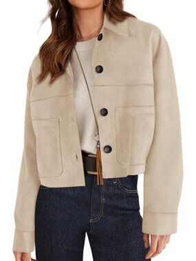 Women's Faux Suede Cropped Jacket Fall Fashion Winter Coats Outerwear Beige